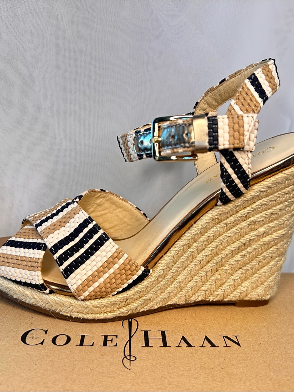 Cole Haan Beige, Black & White Striped Woven Ankle-Strap Sandals - Picture 3 of 11